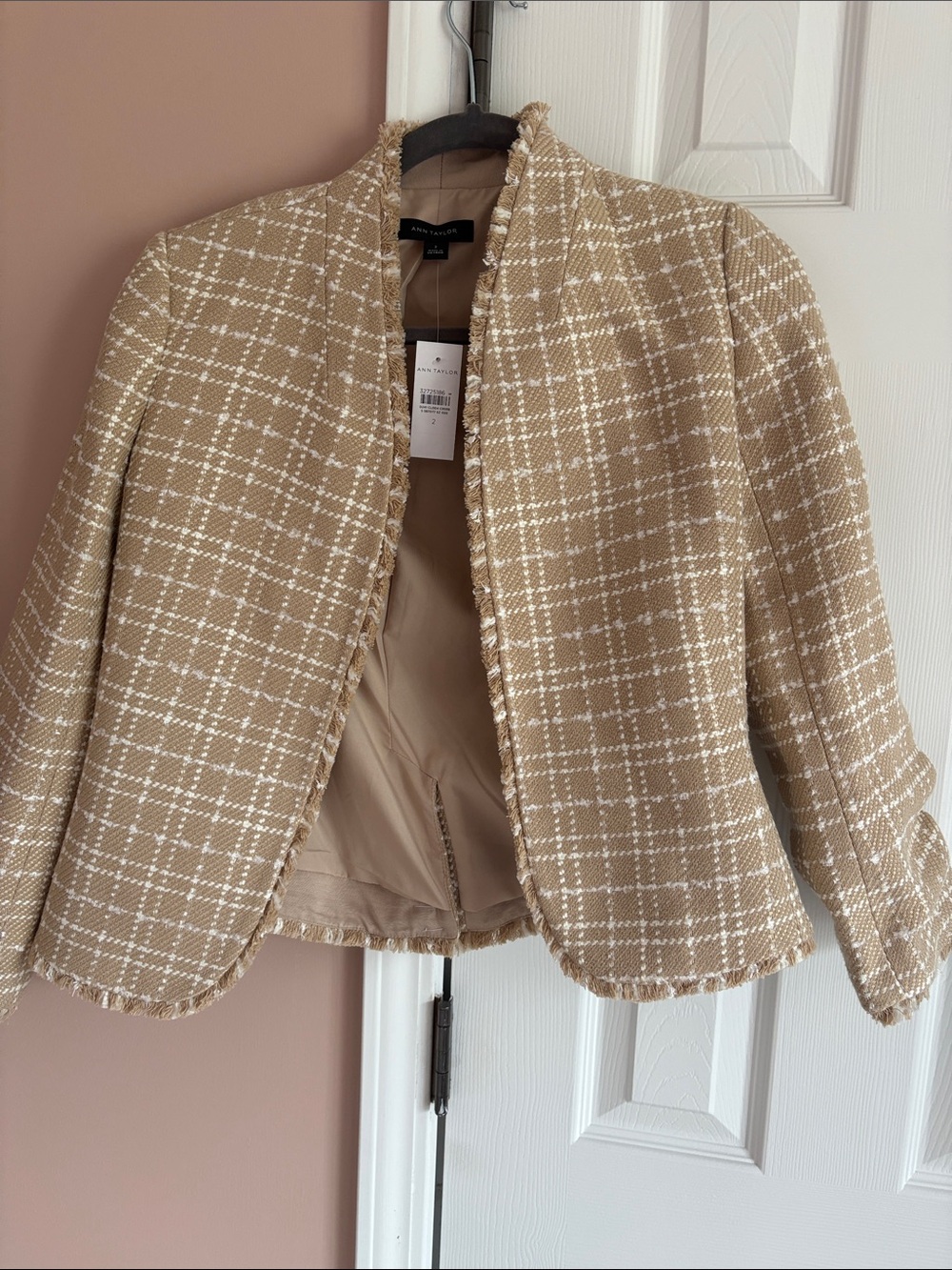 NWT Banana Republic Beige Plaid Fringe-Trim Tweed Blazer